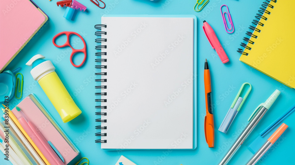 Top-down view of a blank notebook surrounded by colorful stationery such as highlighters, scissors, and paper clips on a pastel blue isolated background, with plenty of text space. Top-down view of a blank notebook surrounded by colorful stationery such as highlighters, scissors, and paper clips on a pastel blue isolated background, with plenty of text space.