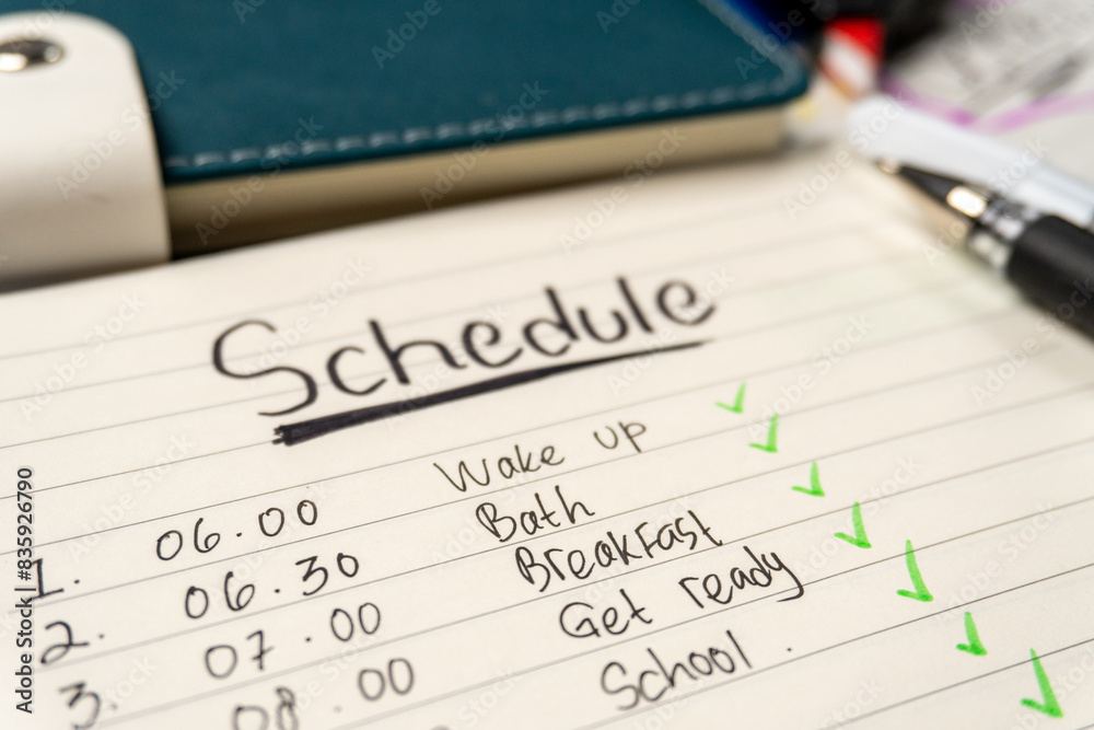 close up of daily activity schedule paper with pen and book close up of daily activity schedule paper with pen and book