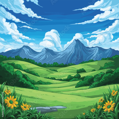 Beautiful summer anime seasonal landscape with hills and mountain, sky and clouds. Anime cartoon style. Background design vector illustration.
 photo