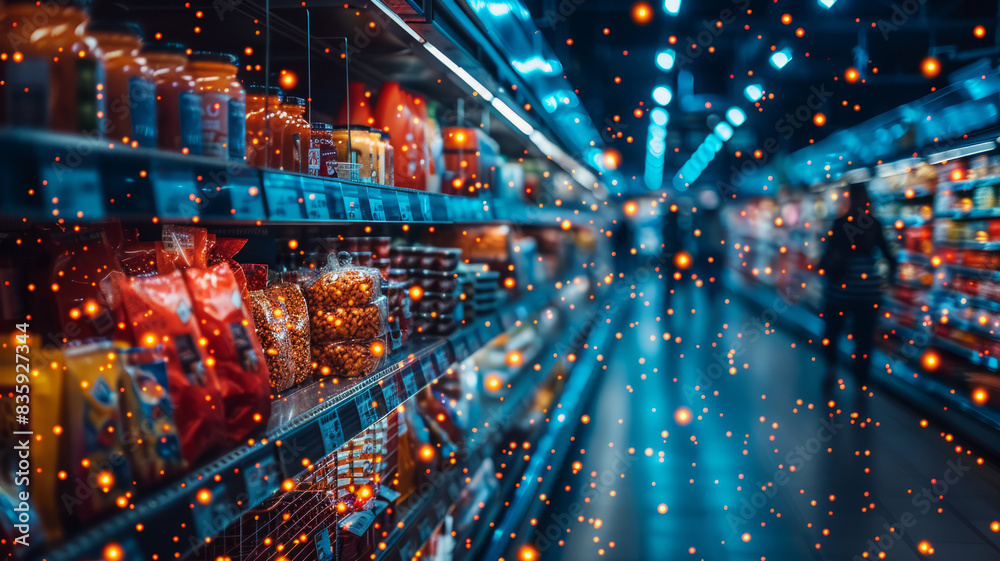 Obraz premium front perspective, blurred grocery shelves, food articles semi visible, a topping layer of technological lines and tech vibe.generative ai