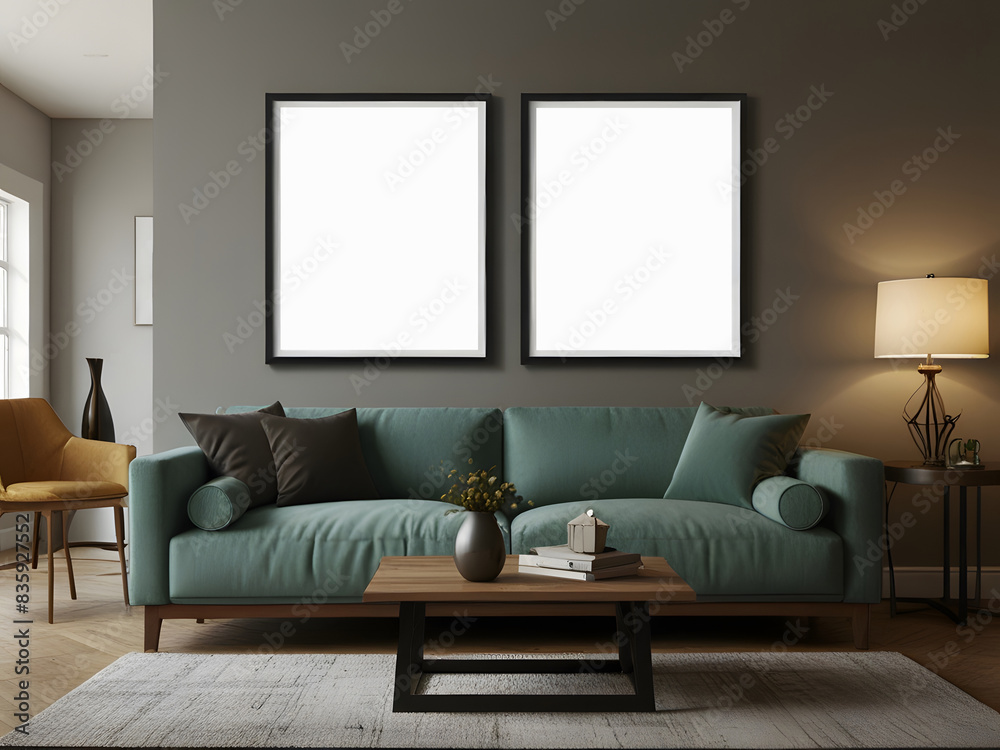 Mock-up square frame in furnished home interior background Mock-up square frame in furnished home interior background