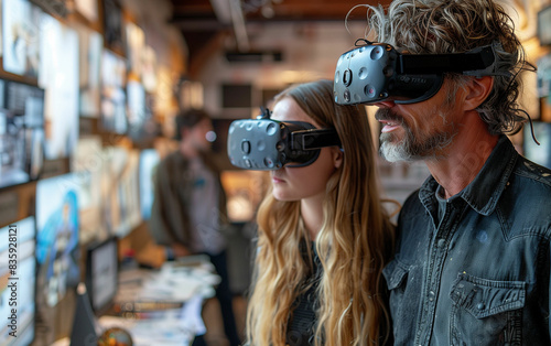 Man and woman using virtual reality glasses. Generative AI © MikeLegend