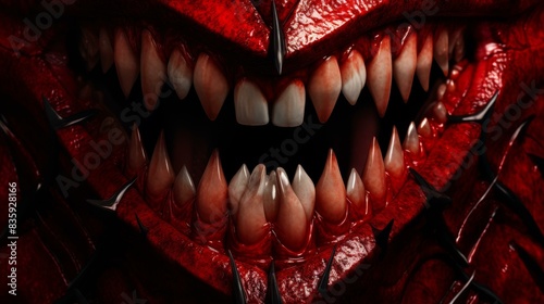 Highres image of devilish grin with sharp teeth  wicked smile, emanating sinister expression.