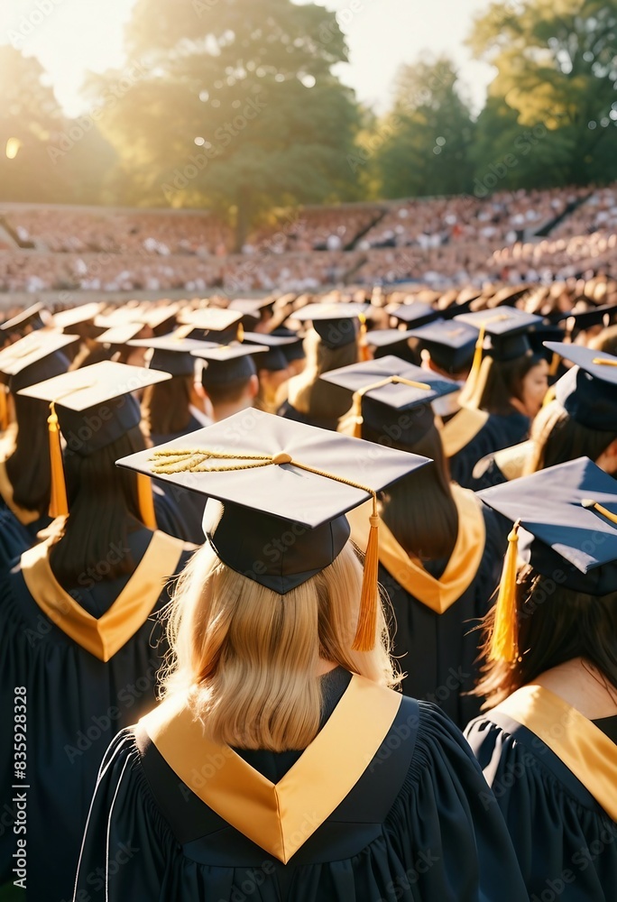 Obraz premium university graduation ceremony and caps in the air, back view 
