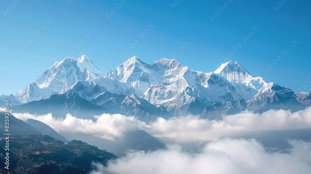 Snow covered mountain peaks shrouded in misty clouds under a clear blue sky