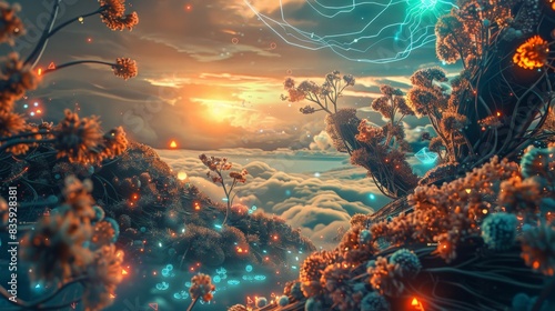 A surreal landscape where organic forms intertwine with circuitry  illustrating the symbiotic relationship between biology and technology in advancing medical frontiers