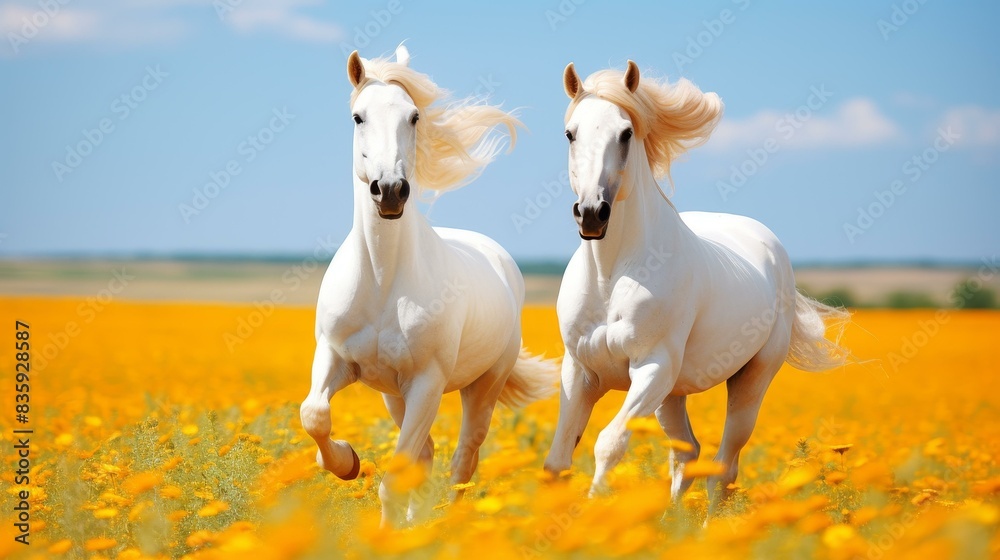 Fototapeta premium Vibrant image capturing galloping ponies in a meadow, radiating spirited energy and equestrian beauty in a tranquil rural setting.