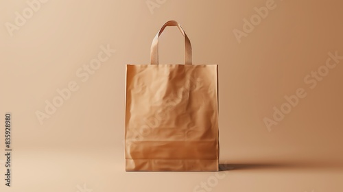 Brown paper bag with handles on a beige background.