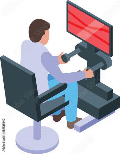 Isometric illustration of a person using a flight simulator with joystick and widescreen monitor