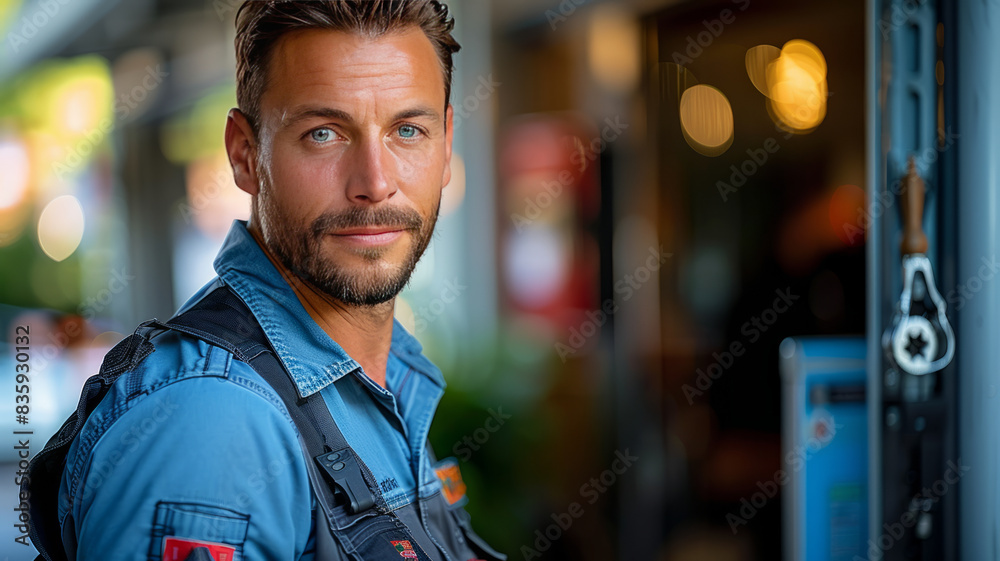 a locksmith with a new key near a glass steel door in summertime,generative ai a locksmith with a new key near a glass steel door in summertime,generative ai