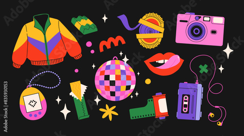Classic 80s back to 90s elements in modern flat style. Hand drawn sticker set, vector illustration. Fashion patch, badge, emblem with vintage accessories.