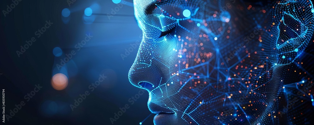 Abstract digital illustration of human face with neural network, representing artificial intelligence and futuristic technology. Abstract digital illustration of human face with neural network, representing artificial intelligence and futuristic technology.
