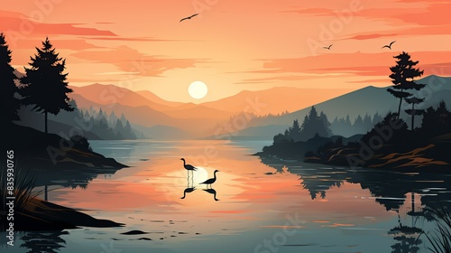 A serene sunrise over a calm lake, with mist rising from the water and birdsong filling the air, heralding the start of a new day. Painting Illustration style, Minimal and Simple,