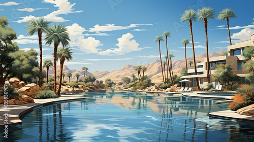 A pristine desert oasis, with palm trees swaying in the breeze and a tranquil pool reflecting the clear blue sky above, offering respite from the arid landscape. Painting Illustration style, Minimal photo