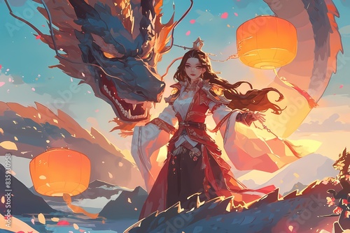 anime style illustration, a dragon taming demon in a fantasy world photo