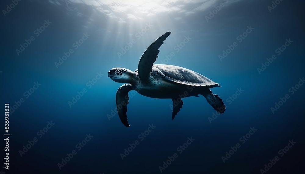 Fototapeta premium silhouette of a caretta caretta swimming alone in the deep blue of the ocean 