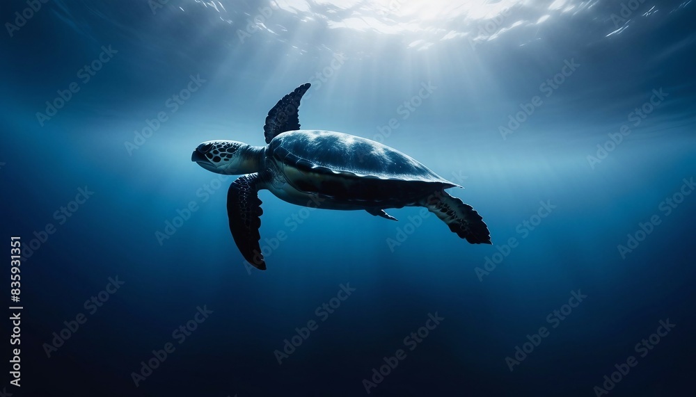 Fototapeta premium silhouette of a caretta caretta swimming alone in the deep blue of the ocean