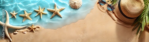 Summer Beach Vacation Accessories and Decor on Sand Background with Copy Space