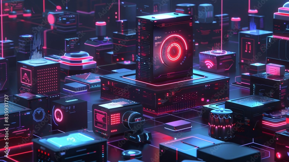 Fototapeta premium Digital fortress fortifying an array of devices against cyber threats, evoking a futuristic mood