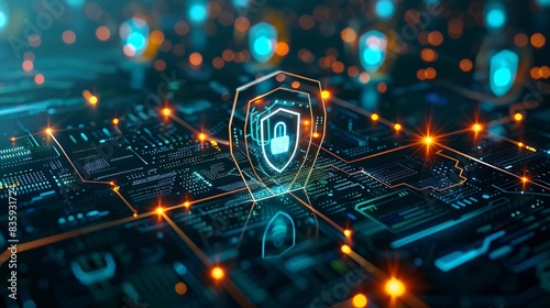 Digital fortress shielding a web of devices from cyber threats, with a futuristic resonance