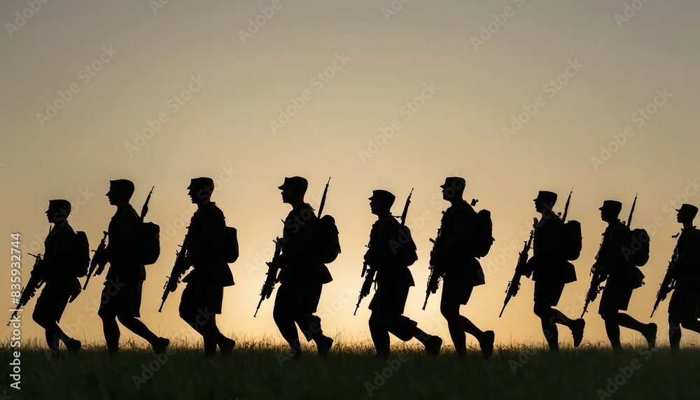 the silhouette of a group of fully equipped soldiers advancing on the field in the morning
the silhouette of a group of fully equipped soldiers advancing on the field in the morning