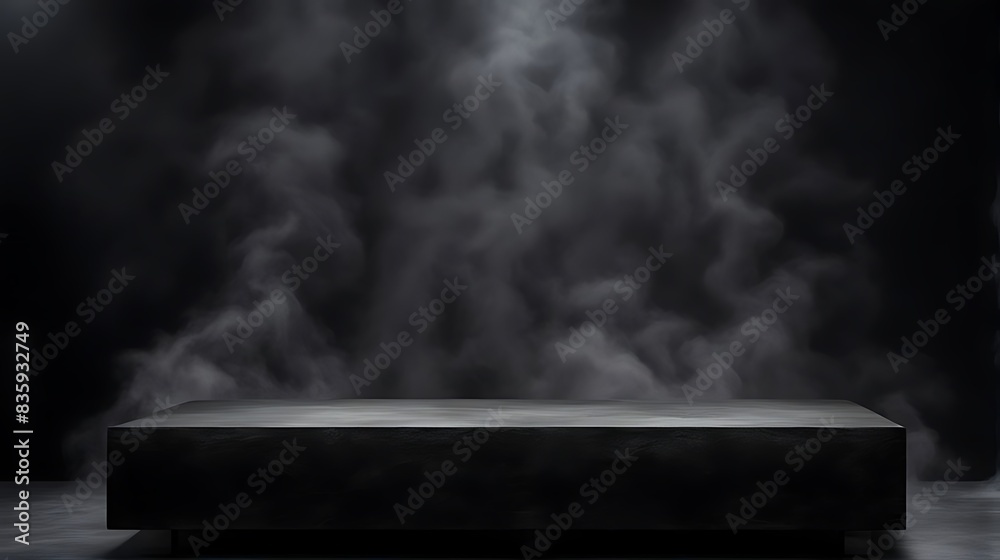 Podium with Black Dark Smoke Background and Product Platform.Abstract Stage with Fog Spotlight. Dark Black Floor, Podium, Dramatic Empty Night Room, Concrete Wall Scene, Display Studio with Smoky Dust Podium with Black Dark Smoke Background and Product Platform.Abstract Stage with Fog Spotlight. Dark Black Floor, Podium, Dramatic Empty Night Room, Concrete Wall Scene, Display Studio with Smoky Dust