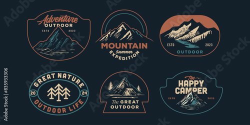 mountain adventure hipster logos. Set of Vintage Outdoor mountains Summer Camp badges or Patches. vector emblem designs. Great for shirts, stamps, stickers logos and labels.