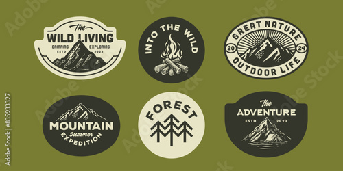 mountain adventure hipster logos. Set of Vintage Outdoor mountains Summer Camp badges or Patches. vector emblem designs. Great for shirts, stamps, stickers logos and labels.