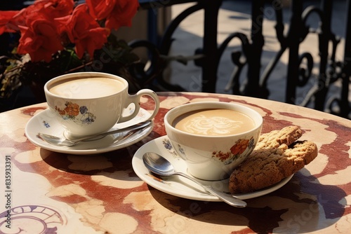 Italian Piazza Elegance: A cup of cappuccino and biscotti on a table in an Italian piazza.