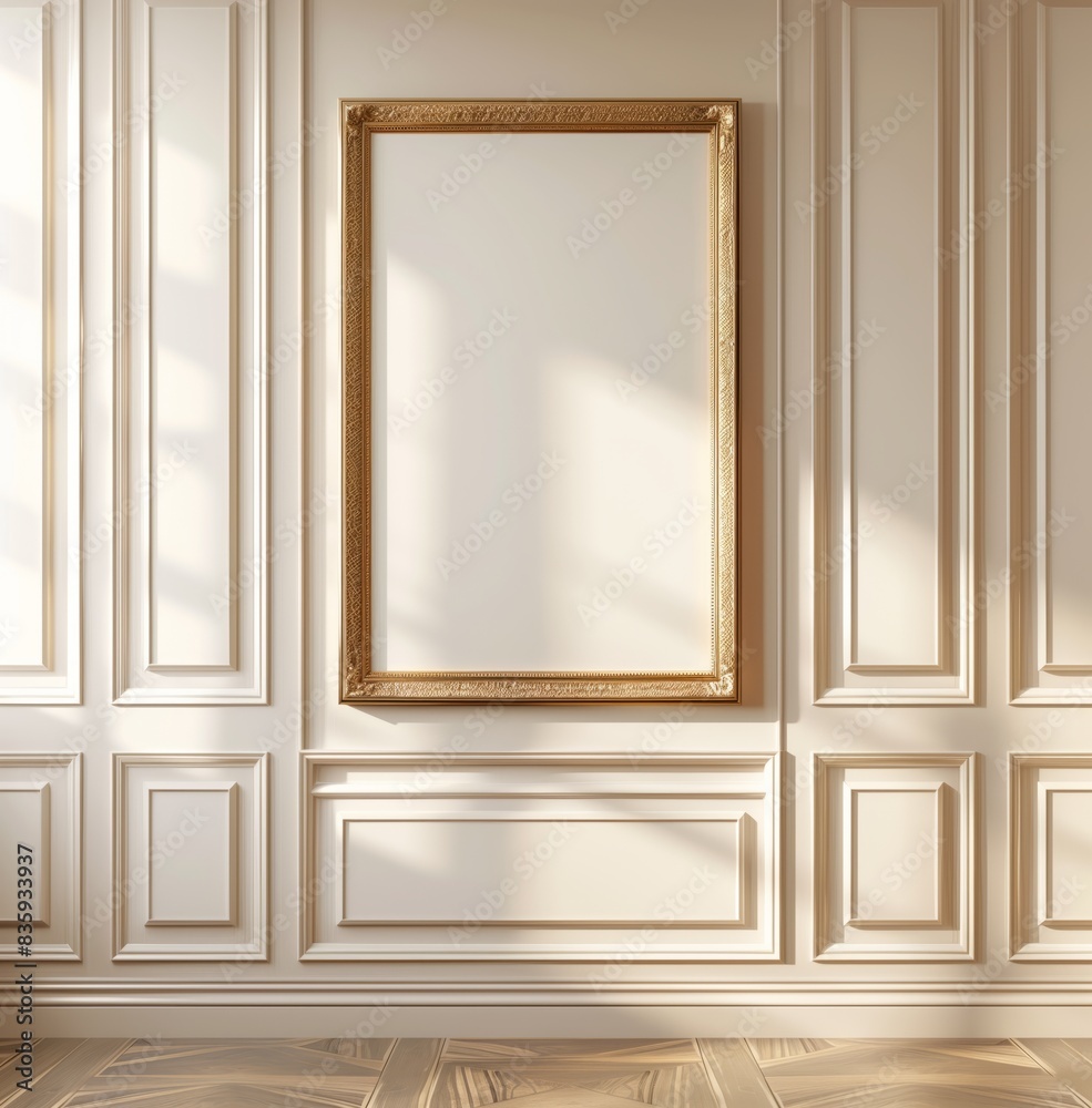 A frame hanging on the wall of an empty room, with a light beige background A frame hanging on the wall of an empty room, with a light beige background
