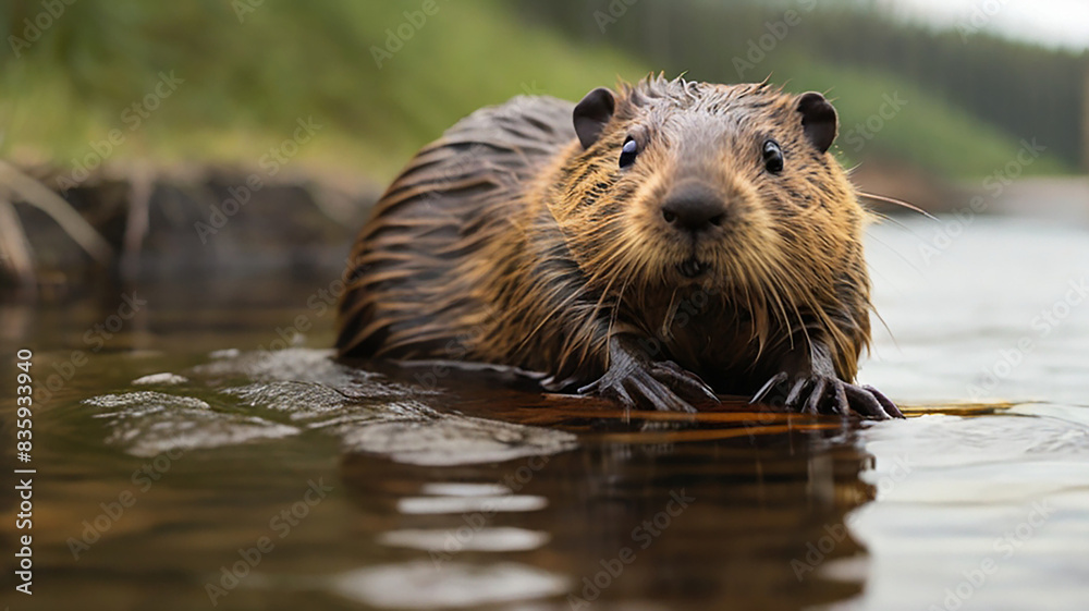 A beaver is standing in the water looking up ai generative photo A beaver is standing in the water looking up ai generative photo