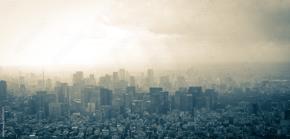 東京の街並みと東京タワー、東京の町並みとビジネス街、東京の町並みの上空撮影