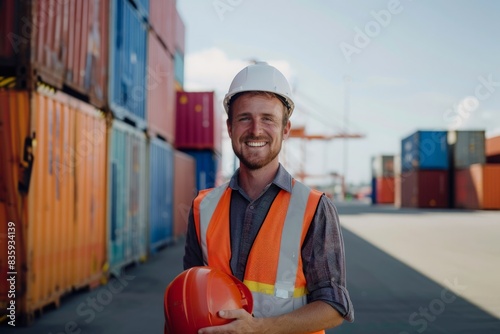 Portrait of Caucasian man supervisor smiling wearing safety vest and holding hard hat standing in front of container yard at the background. Optimistic man working onsite photo