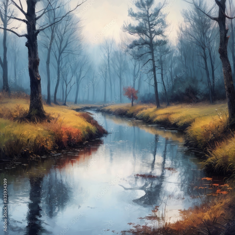 A serene painting of a tranquil stream flowing through a misty autumn landscape with bare trees and reflections in the water.