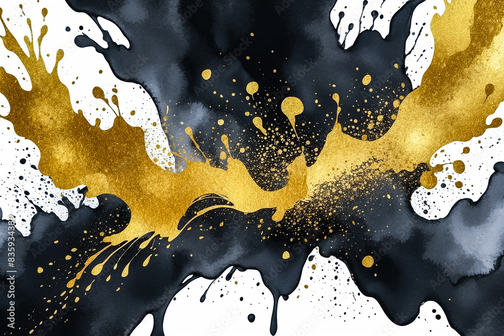 Obraz premium Watercolor Ink Texture Black and Gold Glitter Splash Effect Isolated on White Background