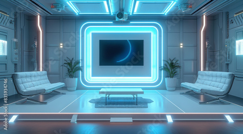 White TV studio mockup, blue lights, chinapunk style, dark gray/maroon.generative ai