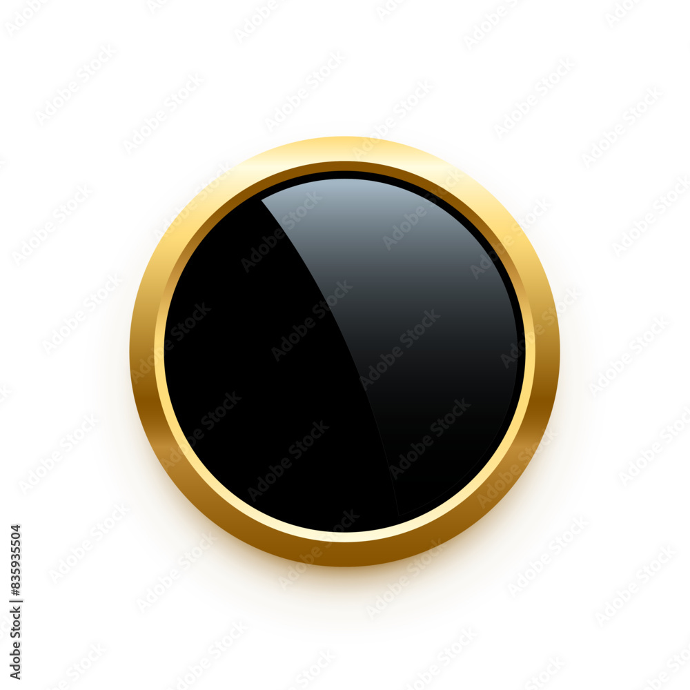 Black round button with golden frame vector illustration. Circle 3d ...