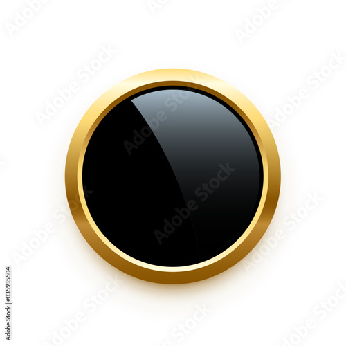 Black round button with golden frame vector illustration. Circle 3d glossy elegant design for empty label, emblem, medal or badge, shiny and gradient light effect on plate isolated on white background