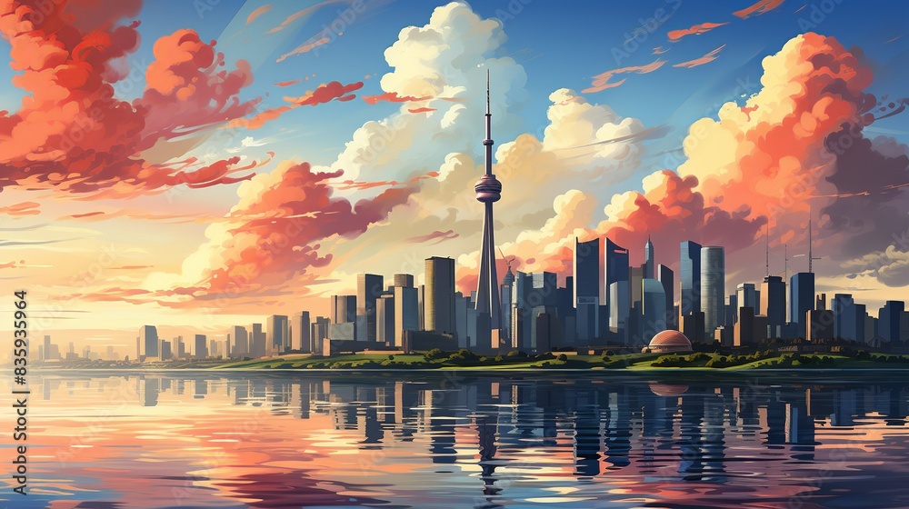 A dynamic cityscape with a mix of historic architecture and modern skyscrapers, illustrating the evolution of urban environments over time. Painting Illustration style, Minimal and Simple, A dynamic cityscape with a mix of historic architecture and modern skyscrapers, illustrating the evolution of urban environments over time. Painting Illustration style, Minimal and Simple,