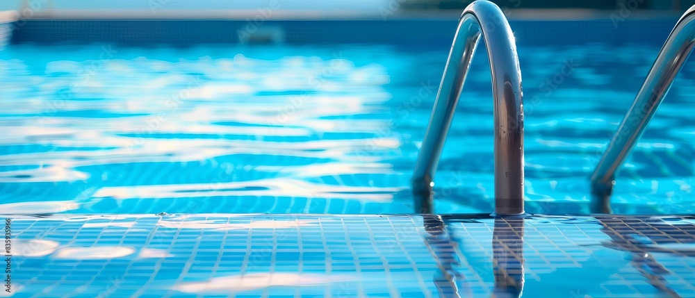 Close-up of a swimming pool with a metal ladder reflecting in the clear blue water, inviting for a refreshing dip on a sunny day.