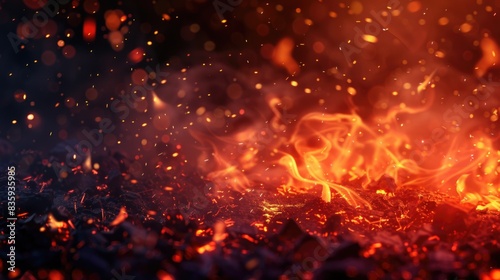 A close-up shot of a fire burning on a field, with flames and smoke visible