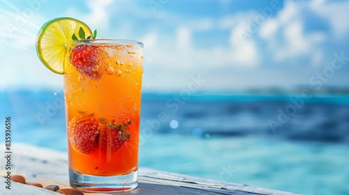 Tropical Cocktail with Lime Slice and Strawberry Inside the Glass by the Beach