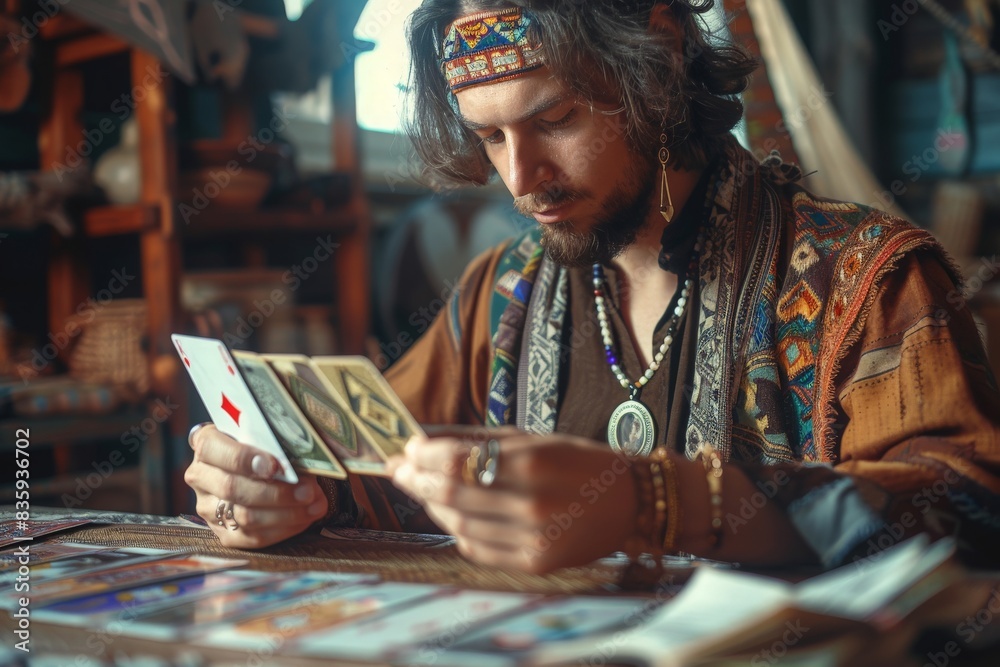 Fototapeta premium Young male fortune-teller with tarot cards recording video for blog at home. Copy space