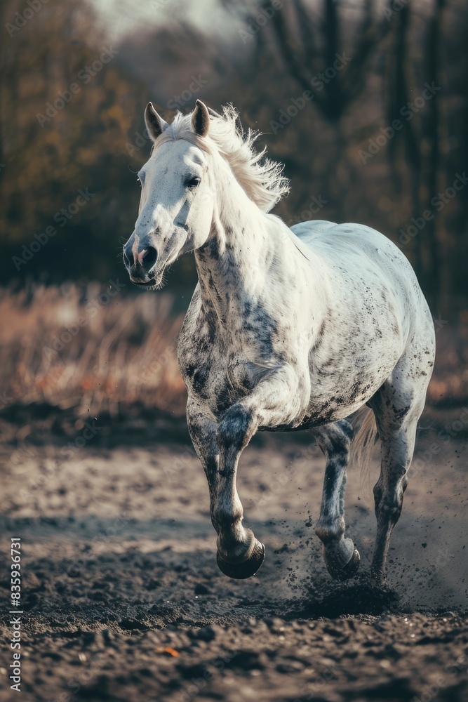 Obraz premium A white horse is running on a dirt field, with the sun shining down