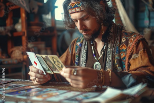 Young male fortune-teller with tarot cards recording video for blog at home. Copy space photo