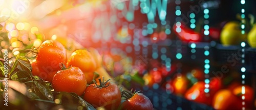Fresh tomatoes on a vibrant, colorful display in a market with sunlight filtering through. Healthy, organic produce captured in a lively atmosphere.