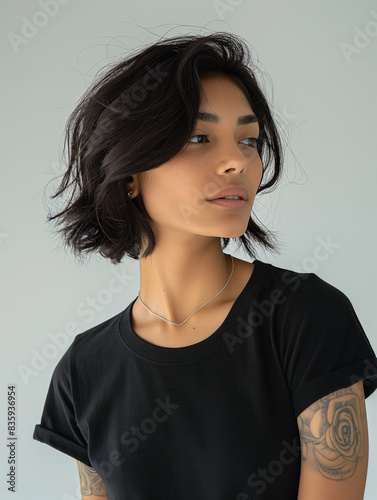 Stylish young woman with tattoos  wearing a black t-shirt  representing modern fashion and individuality