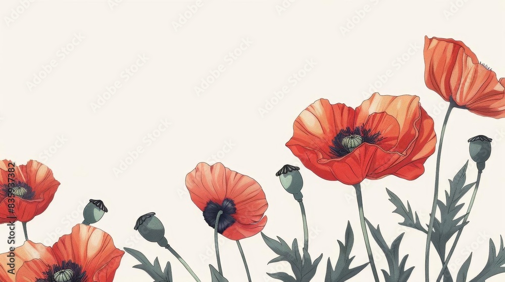 Fototapeta premium Beautiful of red poppies on a light background, perfect for spring and floral-themed designs.