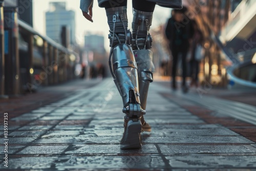 A person wearing leg braces walks along a brick sidewalk, possibly recovering from an injury or medical condition photo