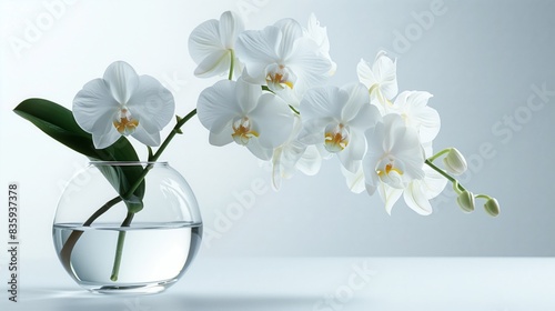 Vase with white orchid flowers on table